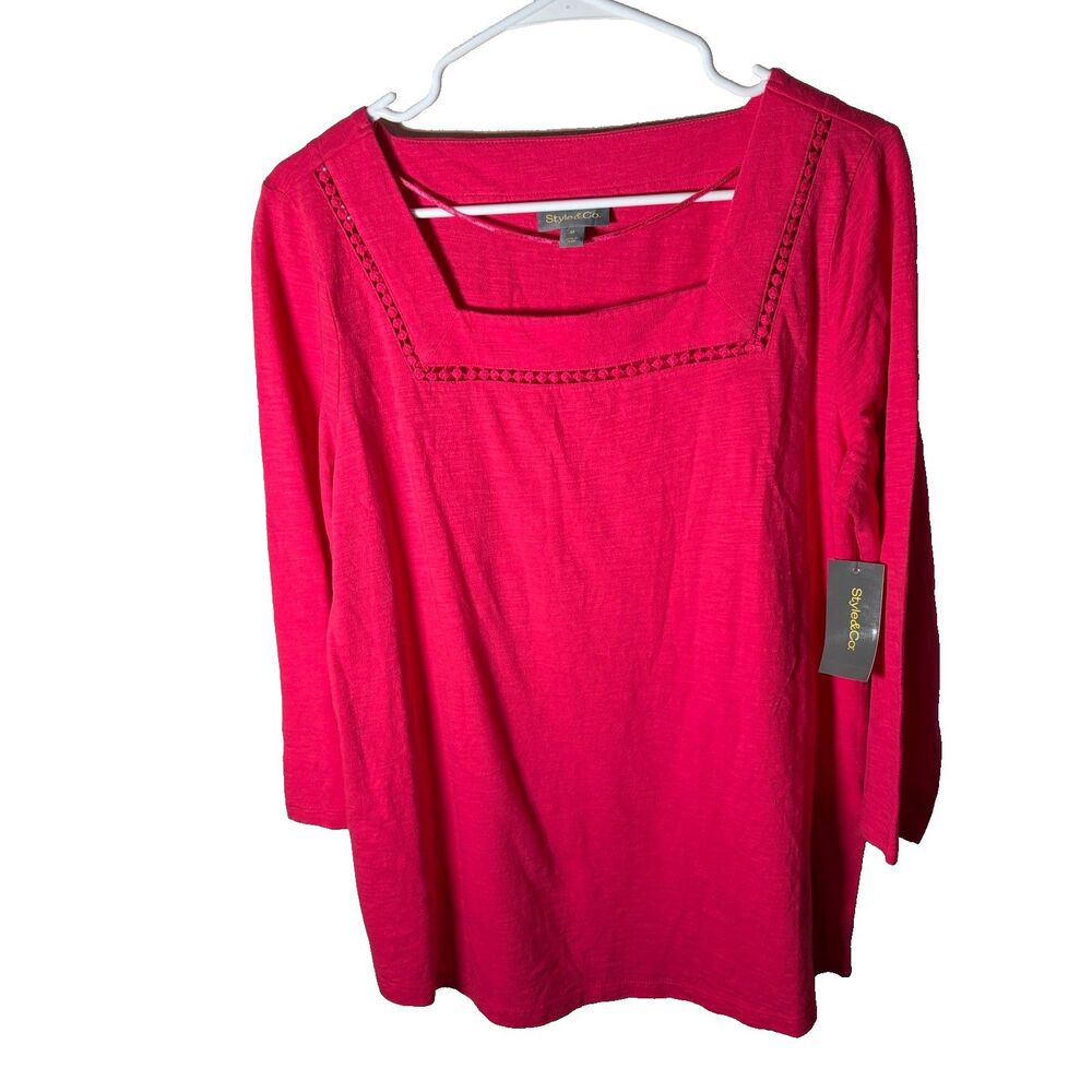 Style & Co Blouse Women's Medium Pink 3/4 Sleeve Square Neck Casual Cotton NWT